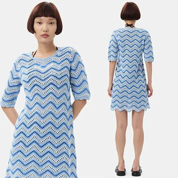 NEW Ganni Cotton Crochet Light Blue and White Short Sleeve Mini Dress Sz: Medium